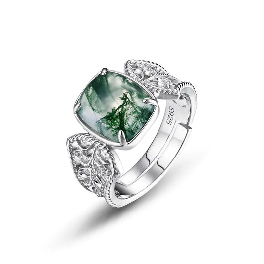Silver Green Moss Agate Ring for Women