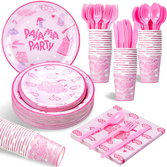 Rtteri 175 Pcs Pajama Party Supplies Disposable Tableware Set Include 9 inch Dinner Plates 7 inch Plate 9 oz Cups Lunch Napkin Cutlery Set for Girls Slumber Spa Birthday Christmas Party Serves 25